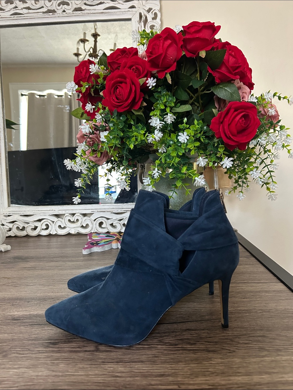 White House Black Market Navy Suede Pointed-Toe Stiletto Ankle Boots